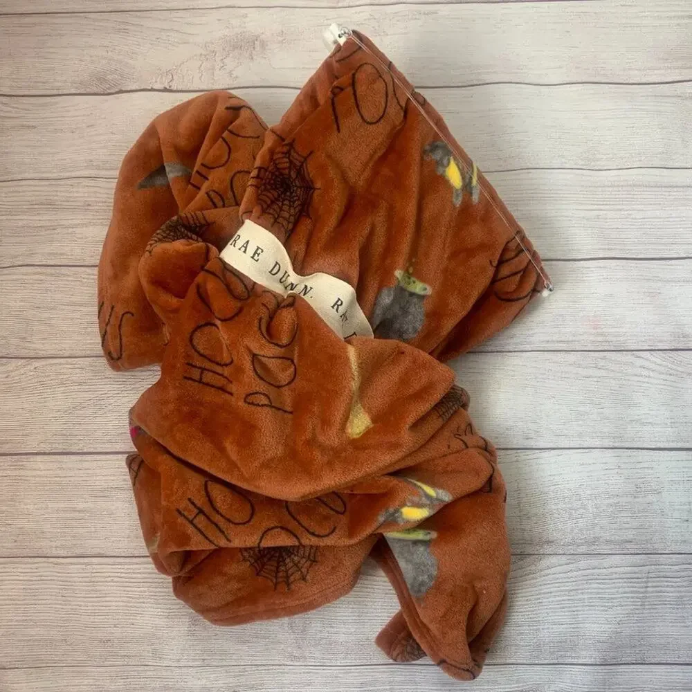 Rae Dunn Hocus Pocus Blanket Orange with Cauldron Broom Witch Hat Shoes 50x70